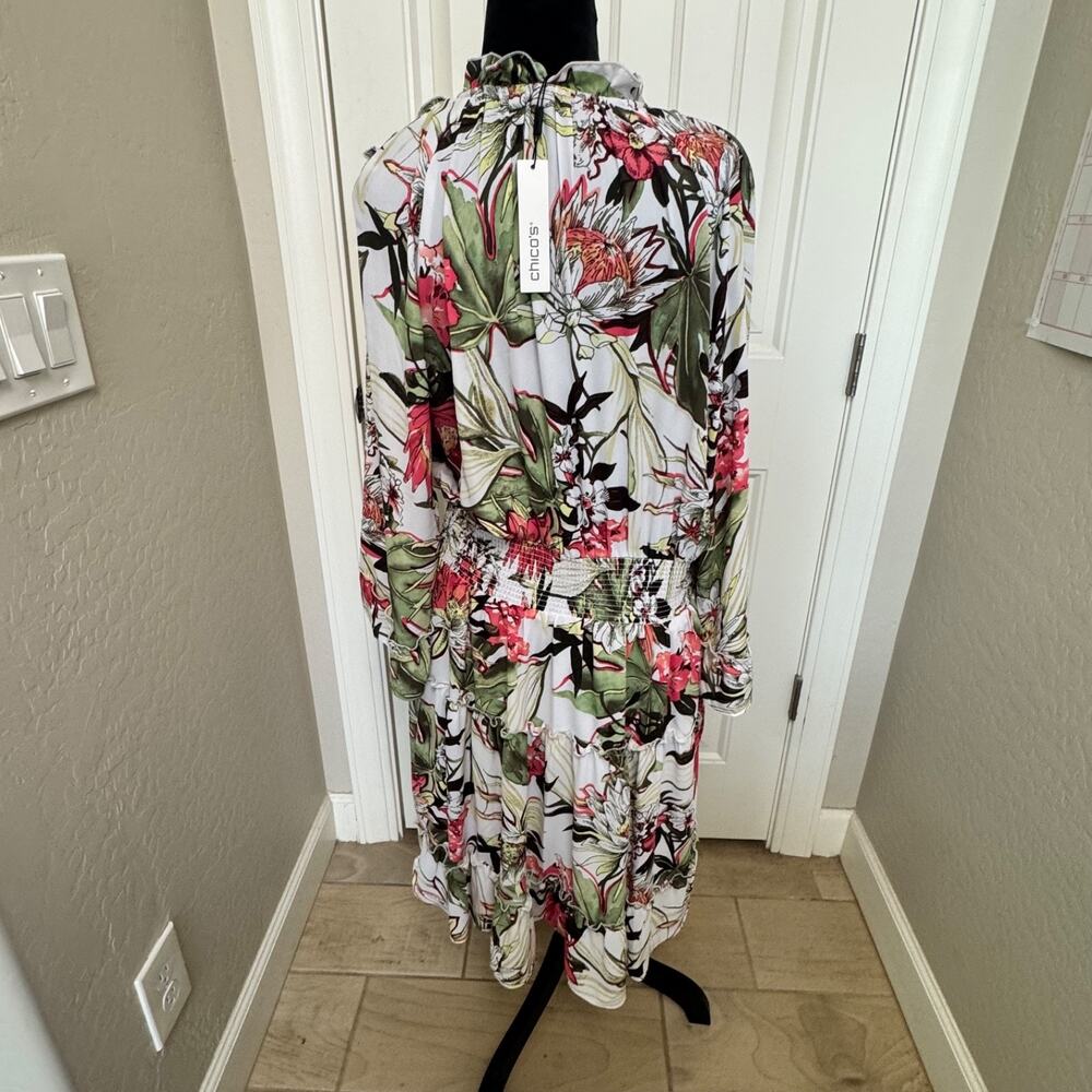 Chico’s Maui Alabaster Floral Dress Sz. Chicos 2 Women's 12 Bell Sleeve Smocked - Picture 4 of 15